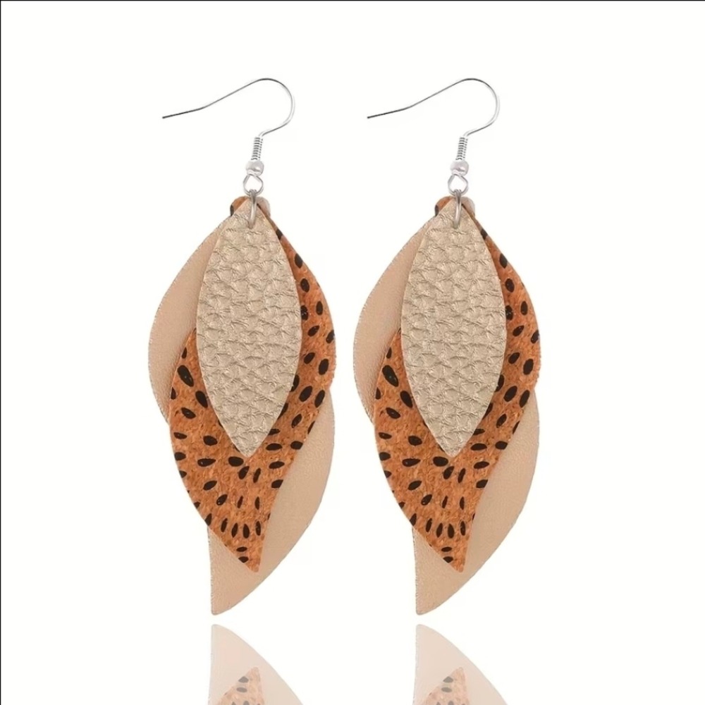3-layer Leaf Geometric Design Retro Dangle Earrings Handmade GOLD TAN BROWN‎